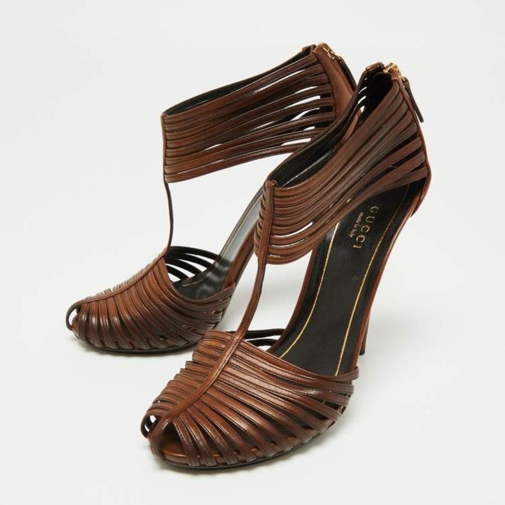 GUCCI Inga Caged Heels Sandals Strappy Leather Brown Heel Pumps